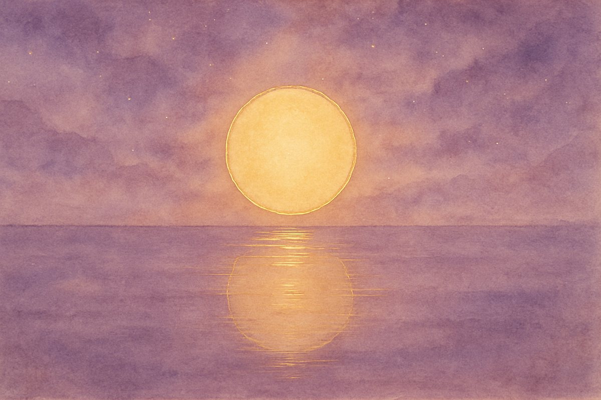 Ilustración de una luna dorada reflejada en el agua al atardecer, símbolo de mirarse a una misma